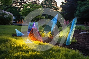 glass art installation in a garden setting