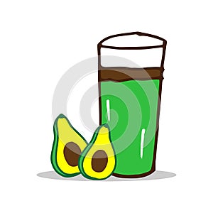 Glass of avocado juice with chocolate milk and avocado fruit illustration on white background. hand drawn vector. sweet and health