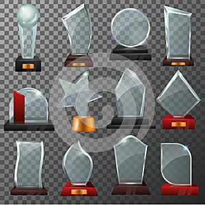 Glass award vector crystal trophy or award-winning prize for achievement illustration set of winner shiny reward