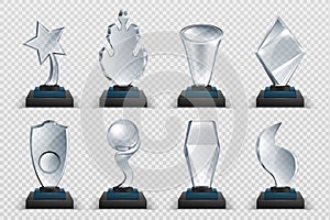 Glass awards. Realistic transparent winner trophy, acrylic stars cups and competition prizes. Vector isolated fogged