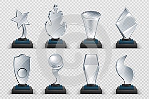 Glass awards. Realistic transparent winner trophy, acrylic stars cups and competition prizes. Vector isolated fogged photo