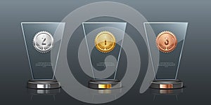 Glass awards realistic vector illustration. Crystal prizes with golden, silver and bronze medals 3D isolated clipart set