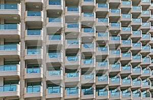 Glass balconies of the building. Architectural geometry