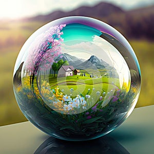 A glass ball with a beautiful spring landscape inside, which includes flowers, blooming trees, houses, grass, mountains and cludy