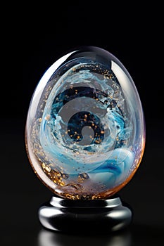 a glass ball with blue and gold swirls on a black background with a black background and a black background with a white and gold