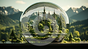 A glass ball with a castle inside of it, dreamy green sustainable living in harmony with nature.