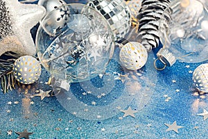 Glass ball, holiday lights and silver cones for christmas tree d