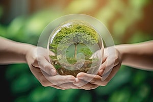 A glass ball in human hands, filled with an abundance of thriving greenery, against a majestic forest landscape. Symbolises the photo