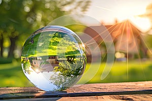 A glass ball with an inverted image inside on a blurred background of a house and green vegetation around