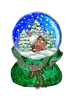 Glass ball with a snow house and Christmas trees. Watercolor by hand. New year toy decor. December mood.