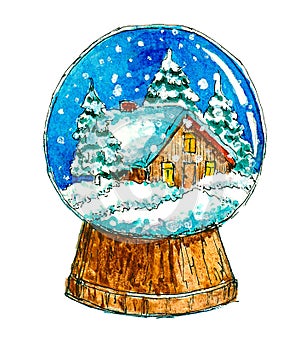 Glass ball with a snow house and Christmas trees. Watercolor by hand. New year toy decor. December mood.