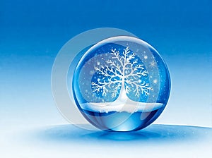 A glass ball with a snow tree inside. Christmas crystal ball in blue, generated AI