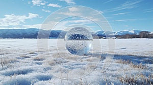 Glass Ball In Snowy Field: Octane Render Style Conceptual Installation