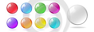 Glass ball sphere color vector realistic set graphic 3d illustration, red yellow round shiny glossy magic crystal, light glow