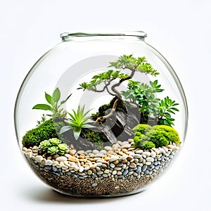 Glass ball terrarium with bonsai and different plants