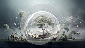 Glass Ball with Tree in magic Landscape
