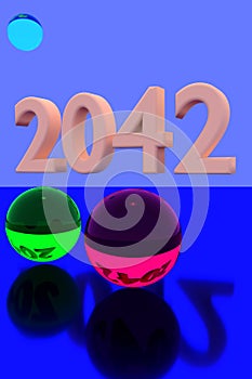 Glass balls on reflective surface and the year 2042