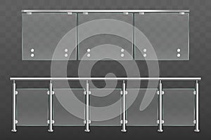 Glass balustrade with metal handrails set isolated photo