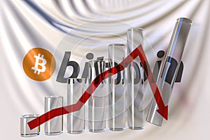 Glass bar chart with downward trend against bitcoin logo. Cryptocurrency crisis related conceptual 3D rendering