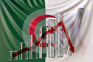 Glass bar chart with downward trend against flag of Algeria. Financial crisis or economic meltdown related conceptual 3D