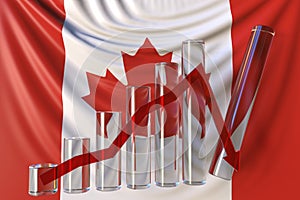 Glass bar chart with downward trend against flag of Canada. Financial crisis or economic meltdown related conceptual 3D