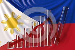 Glass bar chart with downward trend against flag of Philippines. Financial crisis or economic meltdown related