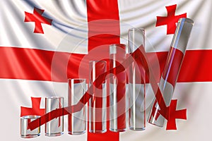 Glass bar chart with downward trend against flag of Georgia. Financial crisis or economic meltdown related conceptual 3D