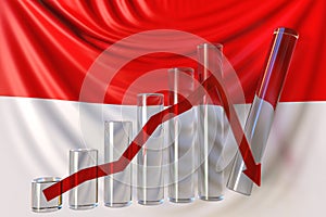 Glass bar chart with downward trend against flag of Indonesia. Financial crisis or economic meltdown related conceptual