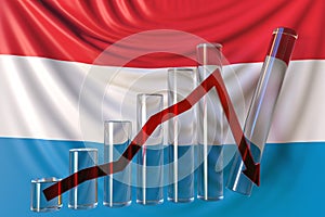 Glass bar chart with downward trend against flag of Luxembourg. Financial crisis or economic meltdown related conceptual