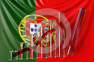 Glass bar chart with downward trend against flag of Portugal. Financial crisis or economic meltdown related conceptual