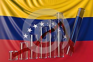 Glass bar chart with downward trend against flag of Venezuela. Financial crisis or economic meltdown related conceptual