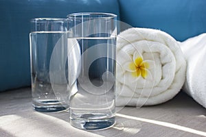 A glass beaker with clear water. The concept of SPA.