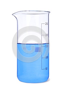 Glass beaker with light blue liquid isolated on white