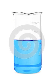 Glass beaker with light blue liquid isolated on white