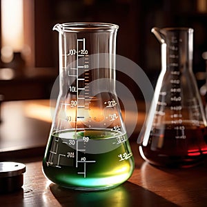 Glass beaker of liquid, science apparatus equipment to measure liquids