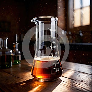 Glass beaker of liquid, science apparatus equipment to measure liquids