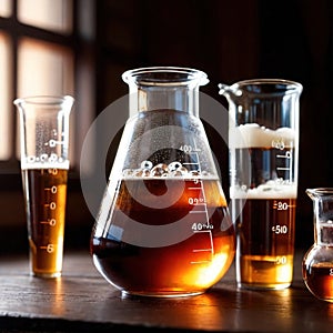 Glass beaker of liquid, science apparatus equipment to measure liquids