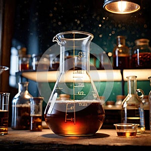 Glass beaker of liquid, science apparatus equipment to measure liquids