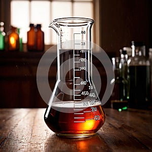 Glass beaker of liquid, science apparatus equipment to measure liquids