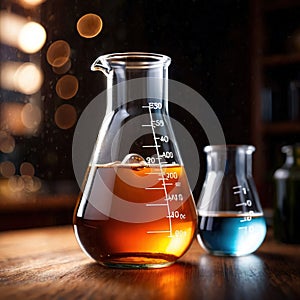 Glass beaker of liquid, science apparatus equipment to measure liquids