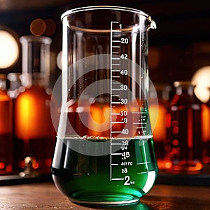 Glass beaker of liquid, science apparatus equipment to measure liquids