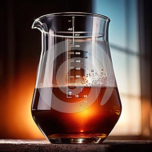 Glass beaker of liquid, science apparatus equipment to measure liquids