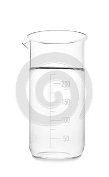 Glass beaker with water on white background