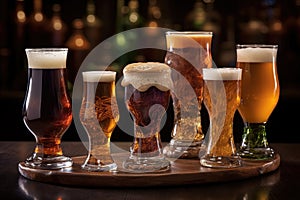 glass beakers with beer samples for tasting