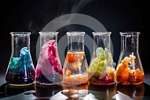 glass beakers filled with bubbling chemical reactions