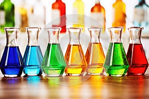 glass beakers filled with colorful liquid cologne