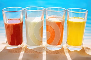 glass beakers filled with different sunscreen mixtures