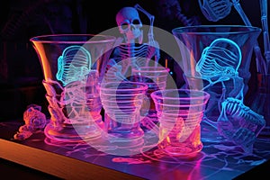 glass beakers filled with glowing, neon liquids