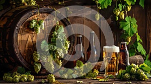 Glass of beer accompanied by a barrel, bottle, and fresh hops, creating a captivating still-life scene. Ai Generated