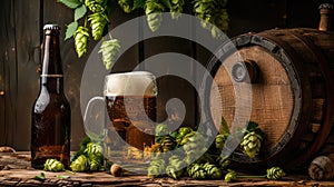 Glass of beer accompanied by a barrel, bottle, and fresh hops, creating a captivating still-life scene. Ai Generated